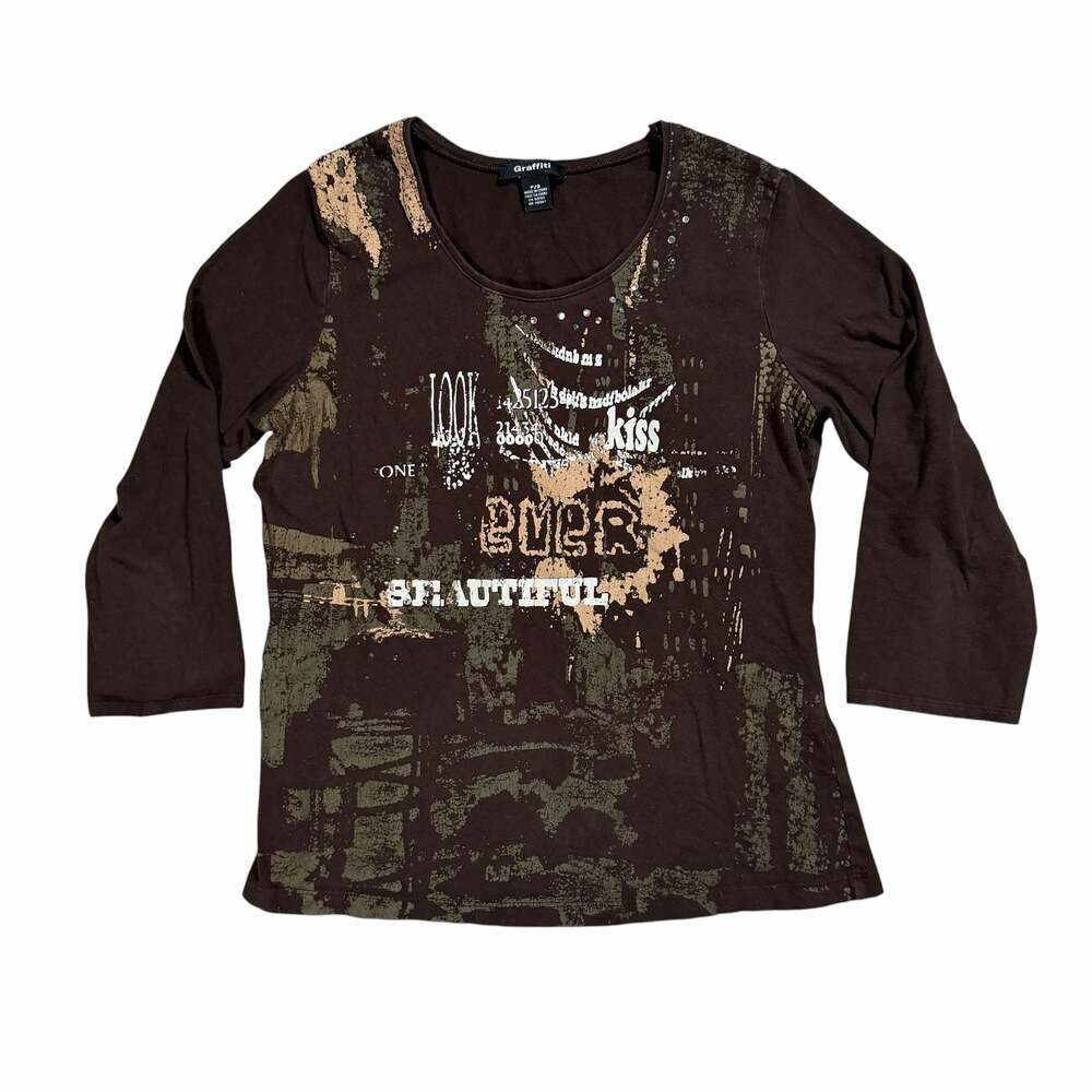 Womens Graffiti Vintage Y2K Brown Graphic Print Embellished 3/4 Sleeve Top Small
